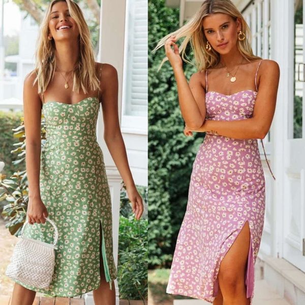 

spring women's printed side split wrap suspender dress, Black;gray