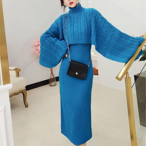 

casual dresses autumn winter women two piece sweater dress knitted twist loose cloak turtlenek crop and long split bodycon vest, Black;gray