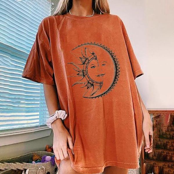 

women's t-shirt sun moon printed woman t shirt vintage pattern harajuku short sleeve loose o-neck pullover cotton summer girl tee, White