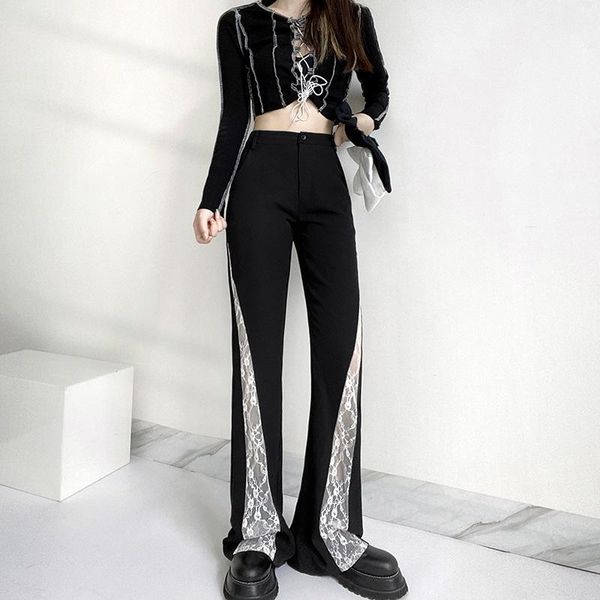 

women's pants & capris gothgotik gothic flare for women white lace hollowout high waist elegant slim bodycon casual spring autumn stree, Black;white