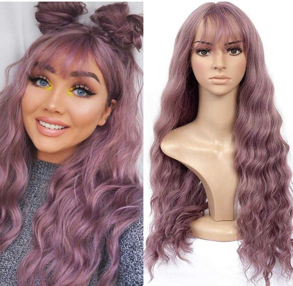 

wig women's long curly hair pink high temperature filament headgear, Black