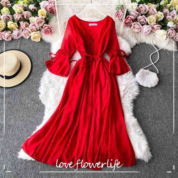 

autumn winter solid v neck flare sleeve tie up dress casual a line full mid-calf high waist women dress 210521, Black;gray