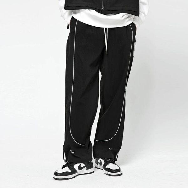 

men's pants spring fall men/women couples casual reflective strip straight ioose drawstring leggings elastic waist trousers, Black