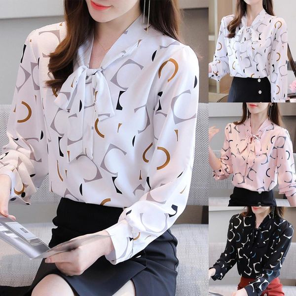 

women digital print long sleeve blouse buttons cuff necktie bowknot pullover women's blouses & shirts, White