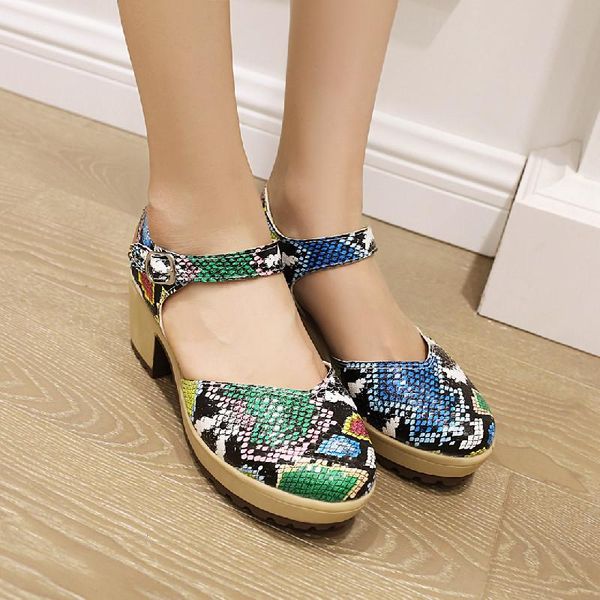 

dress shoes women serpentine leather thick heel summer round toe ankle strap pumps mujer comfortable student size 43, Black