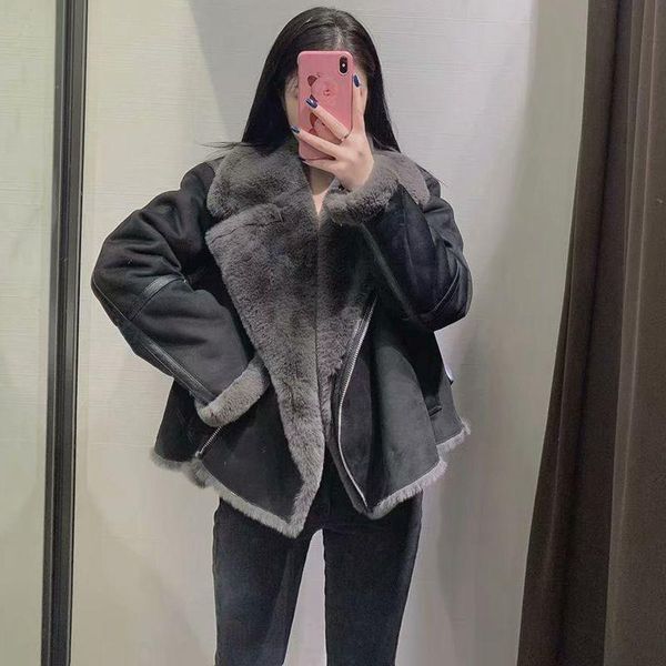 

women's jackets [ewq] autumn winter female fashion round neck with edge stitching zipper loose warm lapel fur jacket suede lamb coat bl, Black;brown