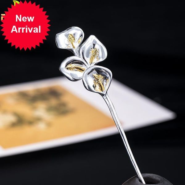 

925 sterling silver calla lily hairpin for women original handmade hair sticks fine jewelry chinese retro style hanfu accessorie, Golden;silver