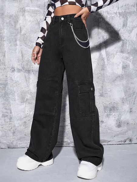 

high waisted flap pocket chain detail cargo jeans e8vs#, Blue