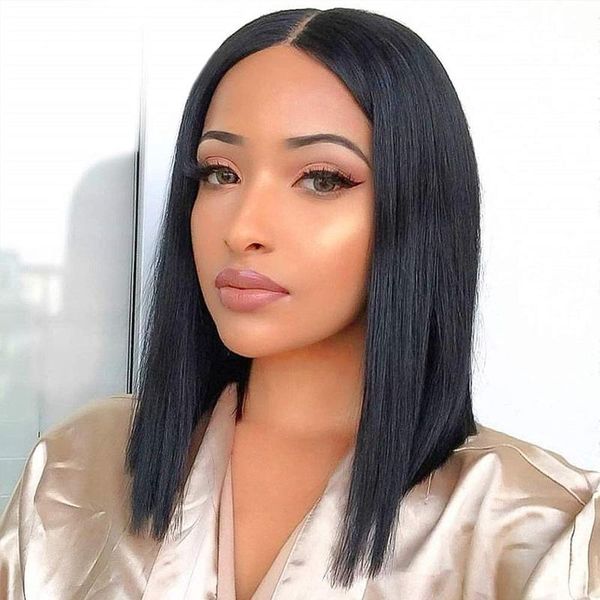 

middle part wig short straight synthetic wigs for women fake hair lace front bob heat resistant fiber, Black