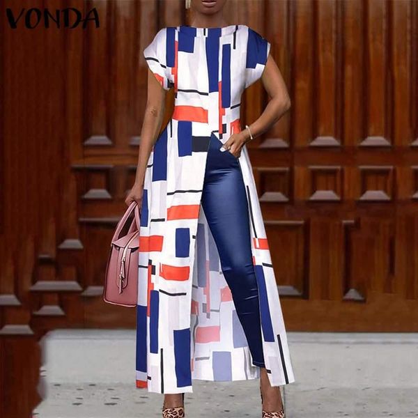 

women's blouses & shirts summer stylish vonda fashion long women printed o-neck short sleeve femme casual high slit blusas, White