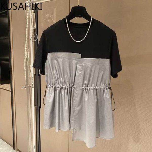 

kusahiki summer short sleeve woman tshirts patchwork drawstring slim waist graphic tees causal o-neck mujer camisetas 6h600 210602, White