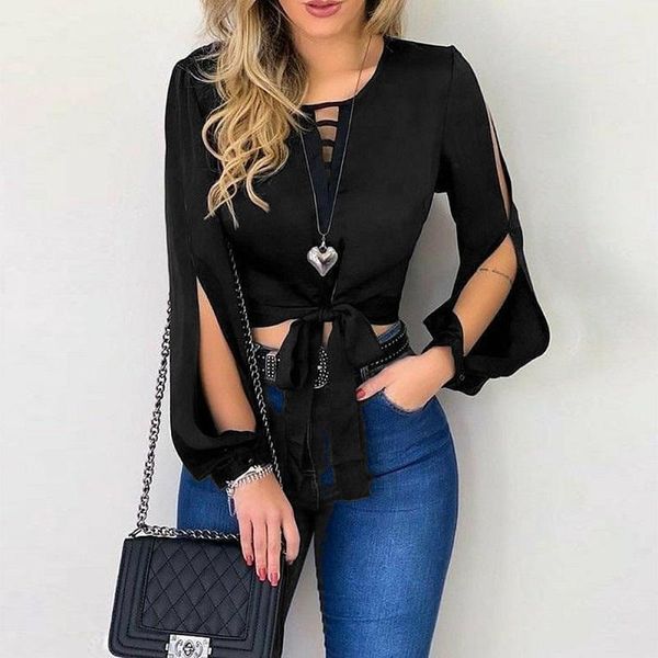 

women's blouses & shirts 2021 women solid color tie front spring autumn long sleeve cut out pullovers shirt hollow blouse sweaters, White
