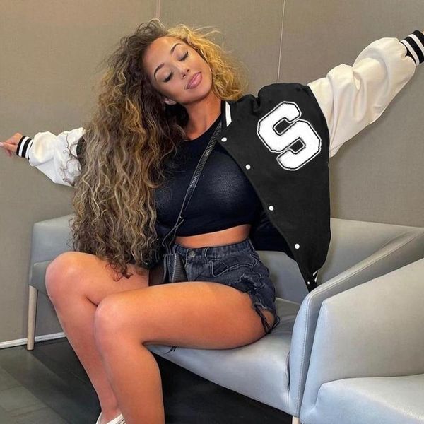 

women's jackets 2021 harajuk faux leather patchwork baseball jacket long sleeve button varsity bomber coat y2k letter hip hop women clo, Black;brown