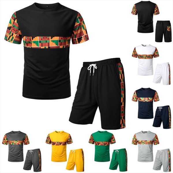 

summer african pattern patchwork men tracksuits fashion casual sports short sleeve slim fit t shirt shorts two piece set, Gray