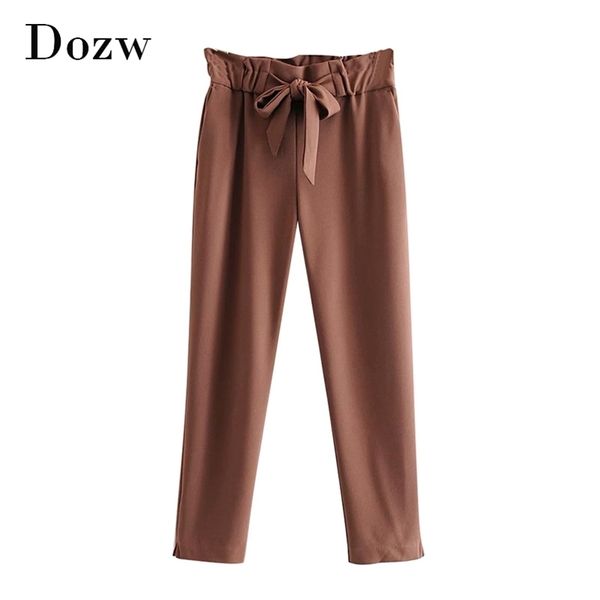 

women fashion solid pants lace up high waist chic trousers female baggy split loose bottoms full length leisure pantalon 210515, Black;white