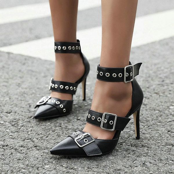 

[deat] 2021 spring summer pointed toe metal belt buckle pu leather thin heels sandals for women shoes fashion 10h83710h837, Black