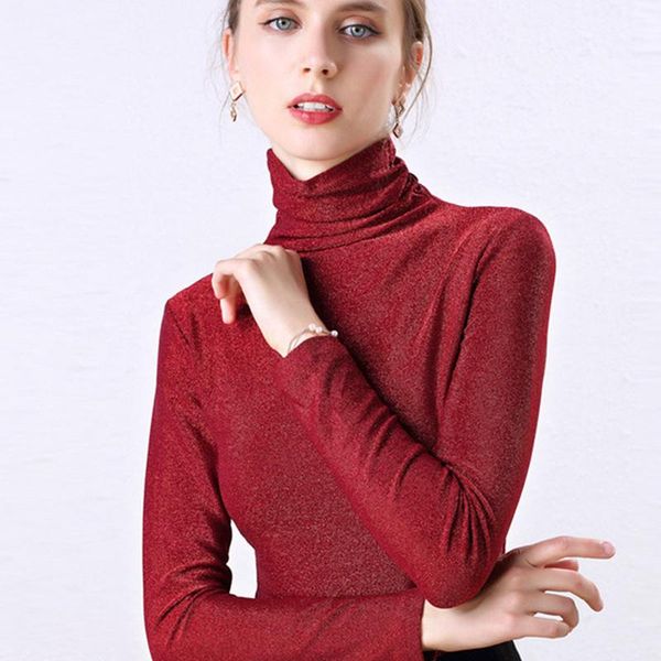 

women's blouses & shirts turtleneck blouse 2021 women basic knitted lurex long sleeve casual blusa femme slim ladies sequin plus size, White