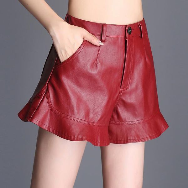 

women's shorts winter women ruffles fashion pu leather fitness 2021 spring casual short pants autumn clothes, White;black