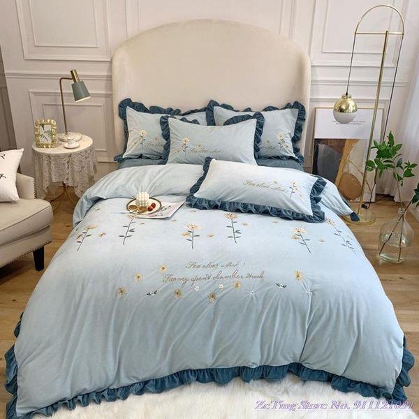

1.8m bedding set 4pcs small daisy embroidery baby velvet winter thick warm flannel bed linen duvet cover 2.0  home textile sets