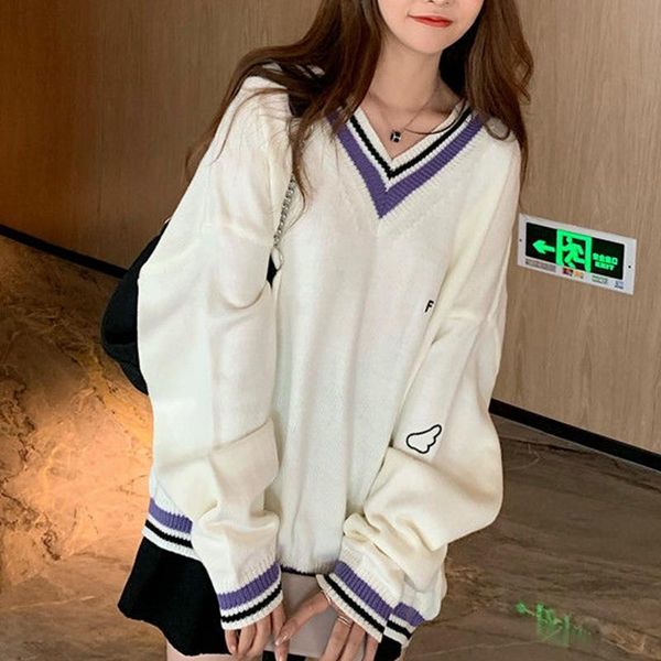 

women's sweaters autumn fashion pullover sweater for women ulzzang letter chic vintage v-neck oversize preppy girls casual ins, White;black
