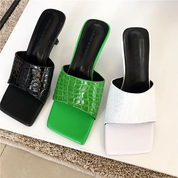 

slippers 2021 square toe fashion green stone pattern slides thin high heel dress sandal summer outdoor female beach flip flop, Black