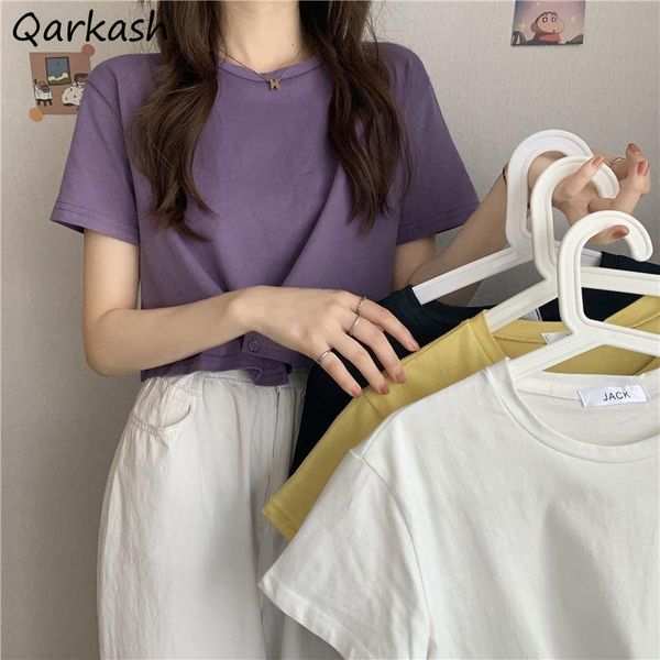 

women's t-shirt women short sleeve t-shirts solid o-neck crop button summer casual all-match tees students harajuku streetwear korean, White