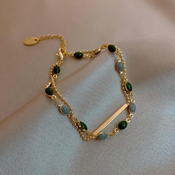 

french retro romantic double metal gold bracelet for woman 2021 new fashion jewelry party unusual oval green crystal bracelet, Black