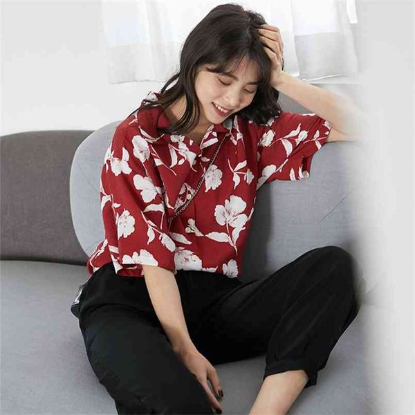 Весенняя винтажная рубашка женщина негабаритные топы женщин половина рукава девочек блузка печатать плюс размер красные блузки Femme Blusas 210423