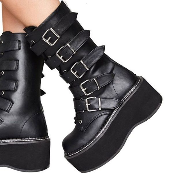 

dress shoes marca de sign estilo gÃ³tico feminino botas motocicleta preto salto plano plataforma tornozelo com fivela meados bezerro tiks, Black