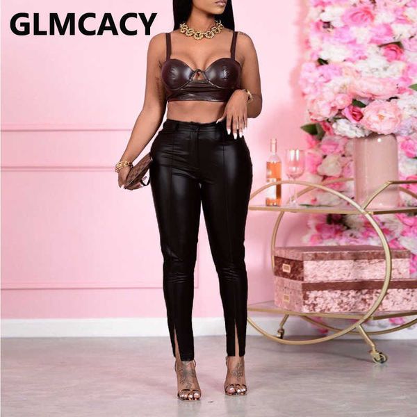 

women high waist pu leather pants chic slim slit trousers 210702, Black;white