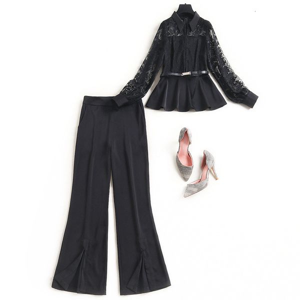 

short elegant designer two female garments spring lady of the black office lace shirt and suit twinset, White;black