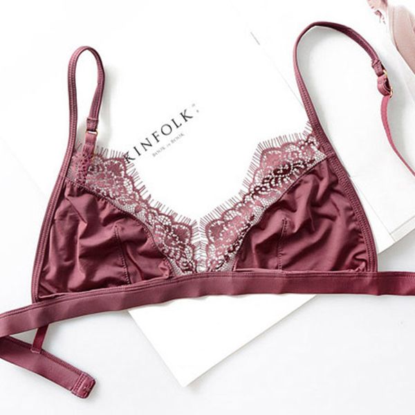 

bras termezy satin bra ultra-thin wireless bralette lingerie lace 3/4 cup women brassiere underwear female soft comfortable eocf, Red;black