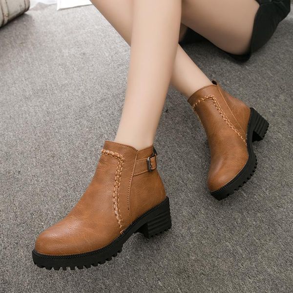 

women buckle strap round toe fashion casual short boots shoes ankle zipper square heel vintage print leather, Black