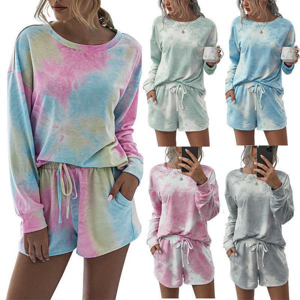 

women's sleepwear 2021 summer home comfortable fashion tie dye printed pajamas suit, Black;red