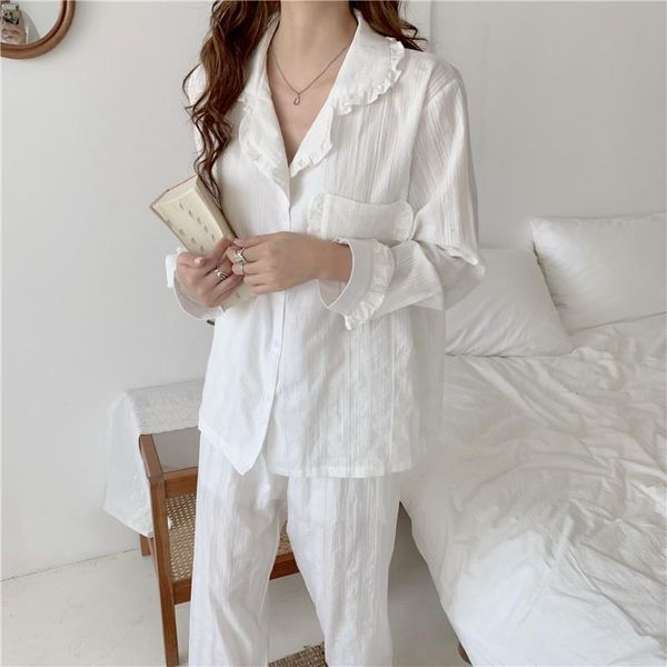 

3 color women sleepwear 100% cotton home clothes long sleeve ruffles blouse loose pants 2 piece set lace suit pajamas, Black;red