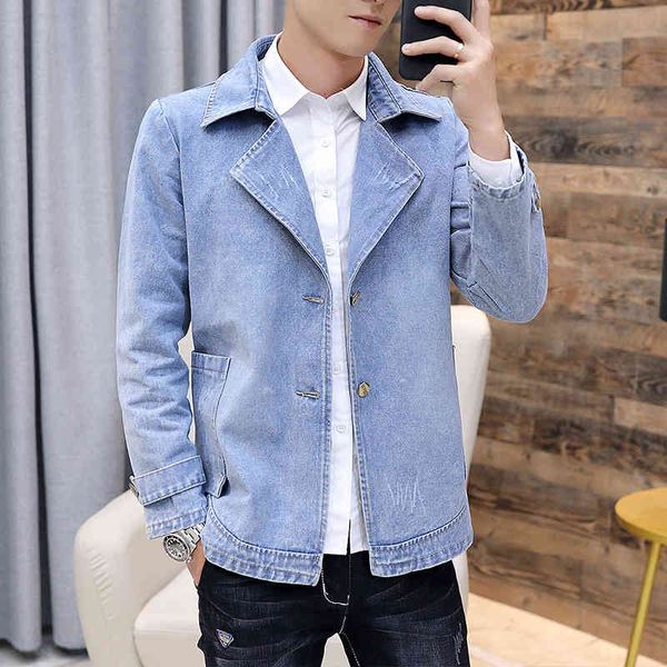 

fashion men's blue jacket washed denim frayed casual coat lapel outwear with pockets size m-xxxl a10, Black;brown