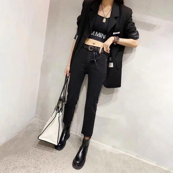 

women's jeans high waist slimming plus size nine-point pants stitching multi-button straight loose trousers 2021, Blue