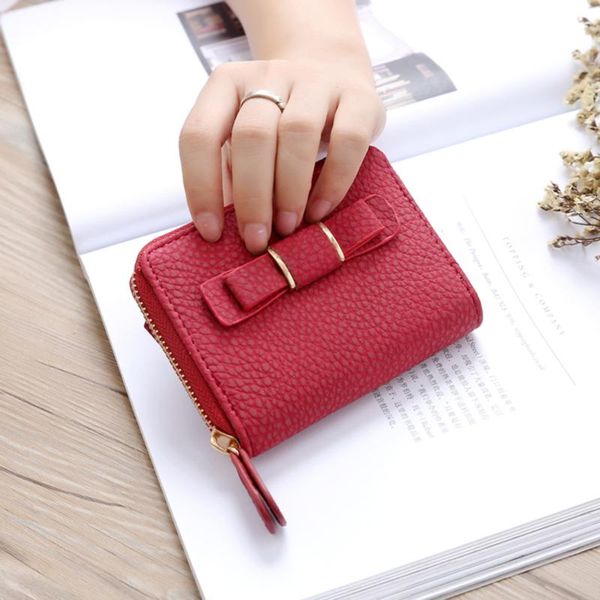 

wallets small wallet money women casual solid fashion female short mini all-match korean students bow portfel damski, Red;black
