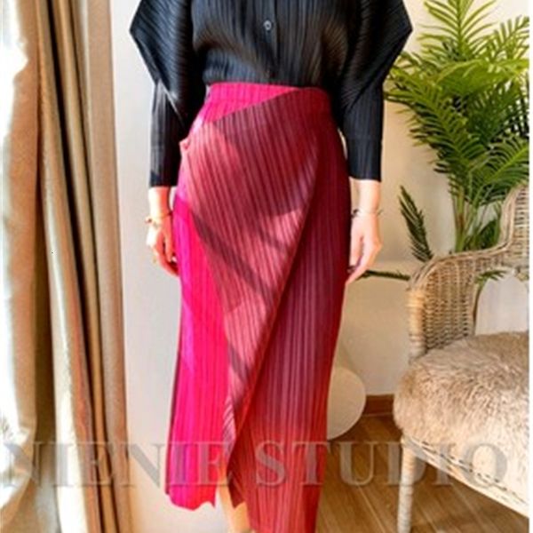 

skirt seling miyake fashion fold patchwork twill design waist double layer straight skirt, Black
