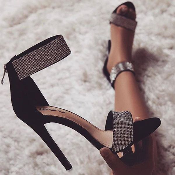 

women pointed toe flock crystal thin heels summer bring party sandals shoes concise fashion shoes#g40, Black