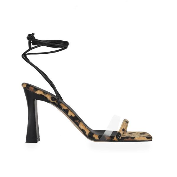 

slippers heeled drawstring sandals shoes leopar wild, Black