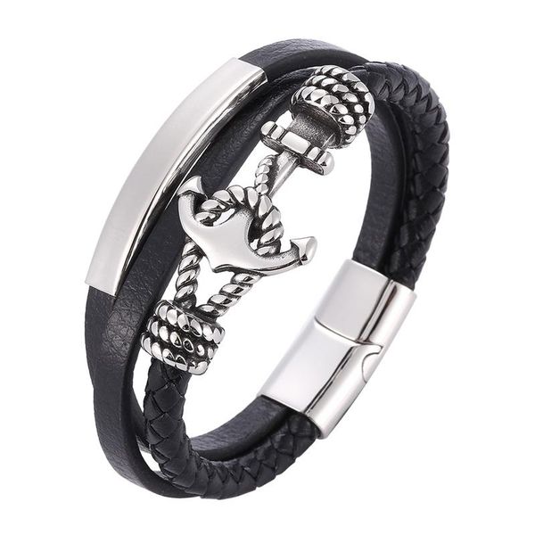 

charm bracelets black multilayer leather bracelet men stainless steel anchor magnetic clasp braided bangles punk rock jewelry pd1087, Golden;silver