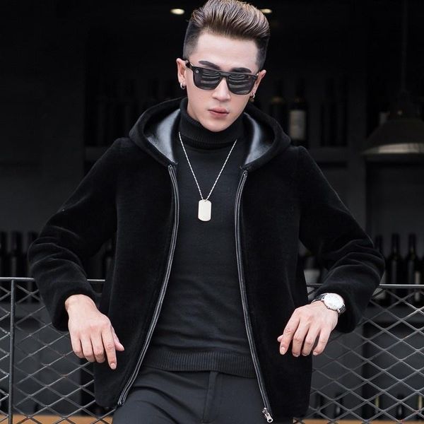 

men's leather & faux autumn winter shearling jacket hooded overcoat slim fit men real fur warm wool lining coats large size 4xl male cl, Black