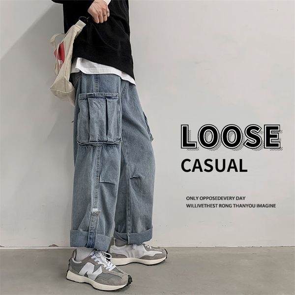 

houzhou denim trousers male jeans cargo pants baggy wide leg casual autumn winter korean streetwear hip hop cowboy 211108, Blue