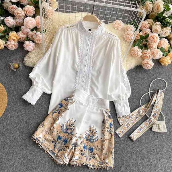 

two pieces chic womens white blouse and printed high waist shorts female office suit fashion 2 piece set clothing, White;black