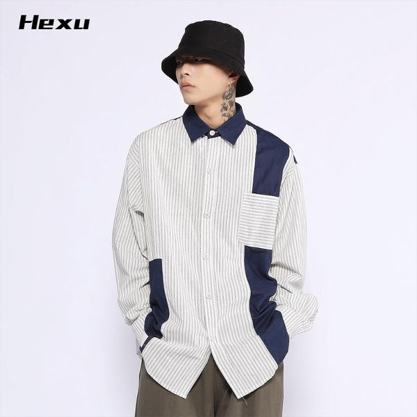 

men's casual shirts harajuku striped patchwork square collar long sleeve cardigan streetwear vintage clothes oversized blouse 88187, White;black