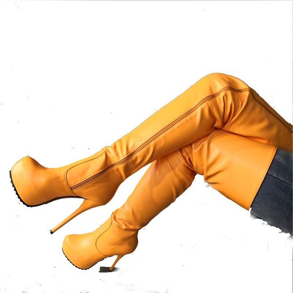 

boots yellow platform thigh high matte leathe solid heel stiletto long over the knee zipper factory shoes plus size, Black