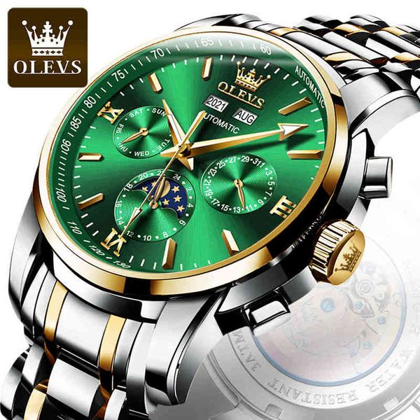 

luxury olevs clock for men automatic mechanical clocks rustless steel tape waterproof business sports, Slivery;brown