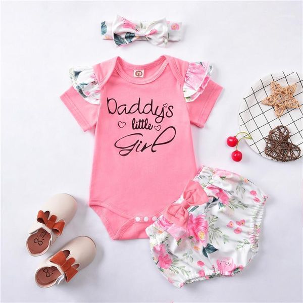 

clothing sets summer baby girls ruffle short sleeve letter print romper floral bloomers headband set1, White