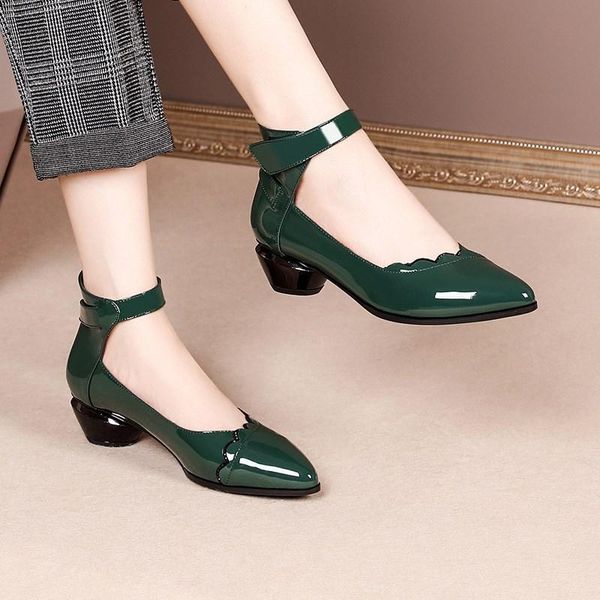 

dress shoes party casual 2021 autumn chunky pointed professional leather plus-sized semi-high heeled women's natural, Black